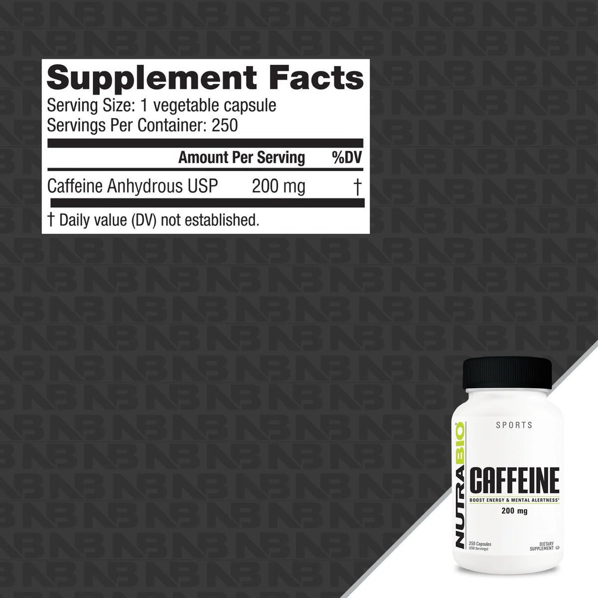 NutraBio Caffeine Anhydrous (200mg) Capsules 100-250 Servings  NutriCartel