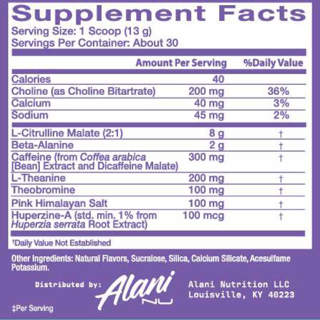 Alani Nu Pre Workout Plus+ ingredient label