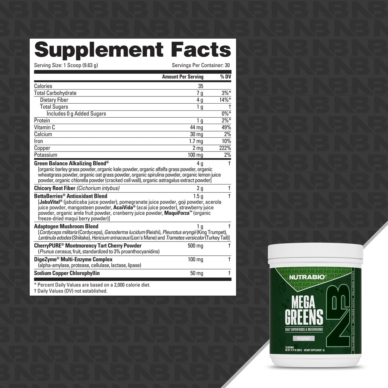 NutraBio Mega Greens ingredient label
