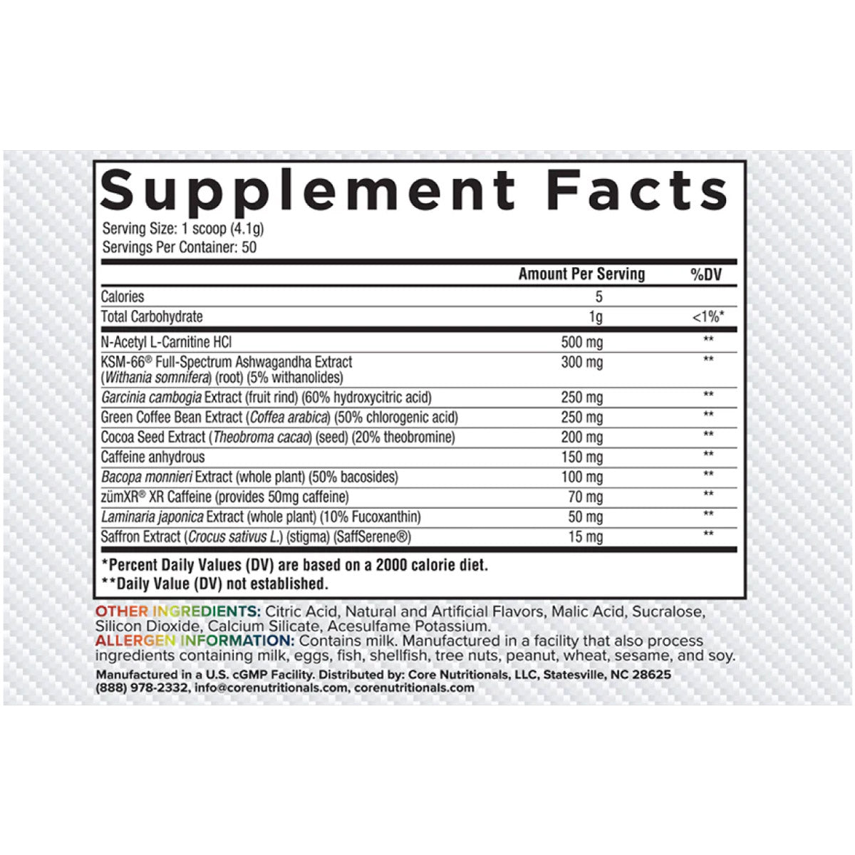 Core Burn Thermogenic Powder ingredient label