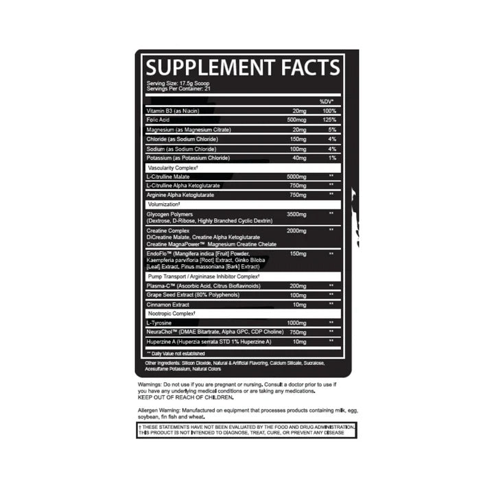 EPO+ Pump Pre Workout ingredient label