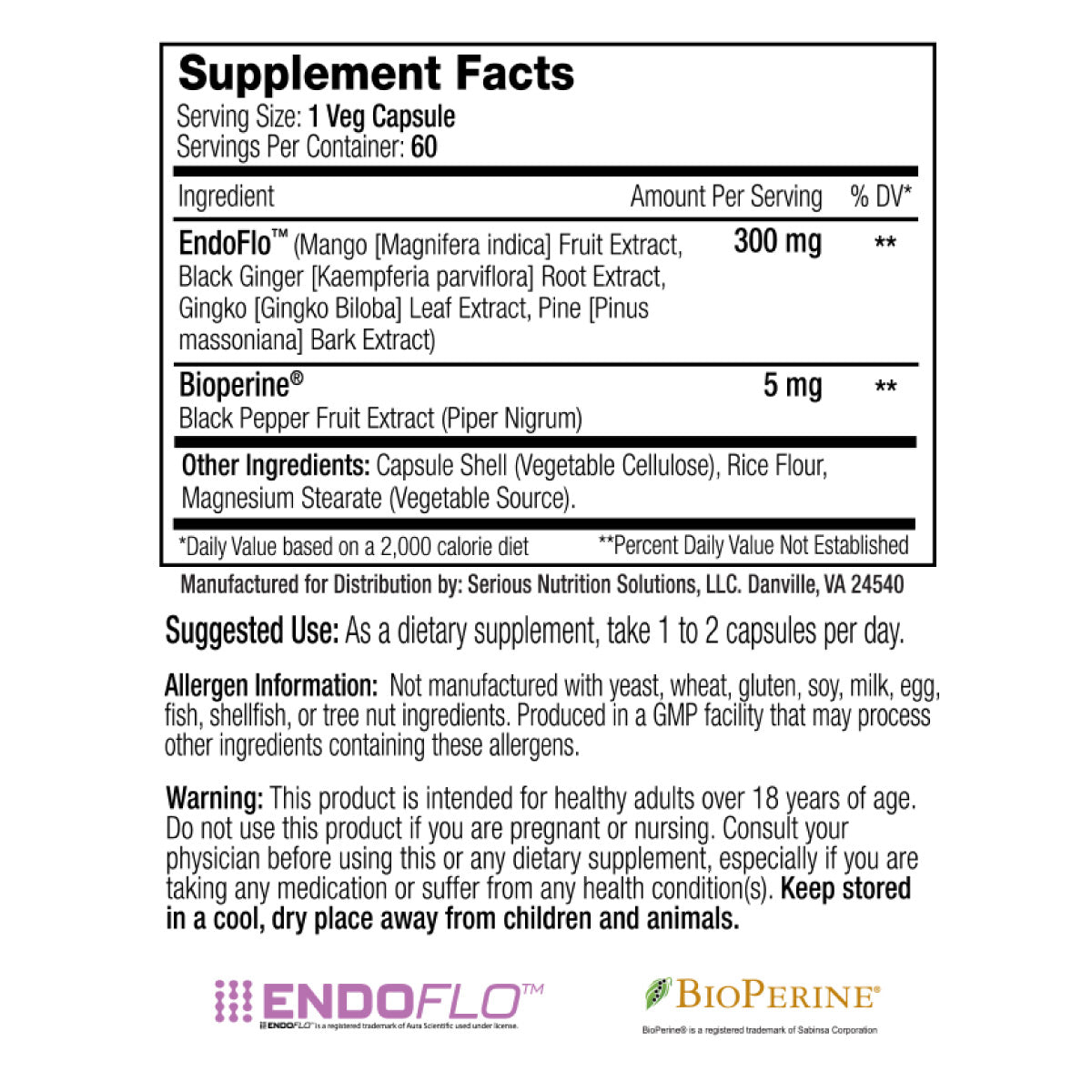 SNS EndoFloXT ingredient label