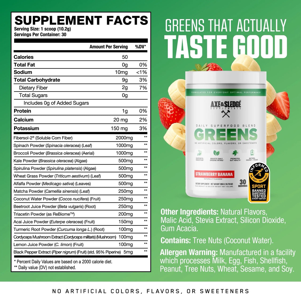 Axe & Sledge Greens+ ingredient label 3