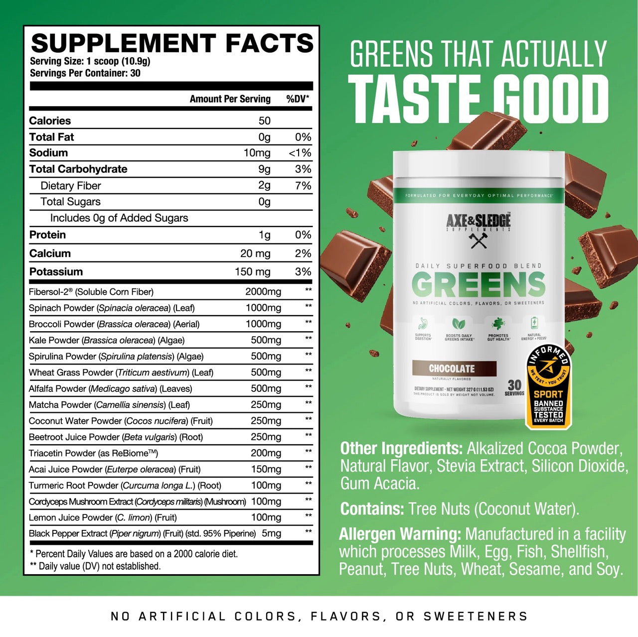 Axe & Sledge Greens+ ingredient label 2