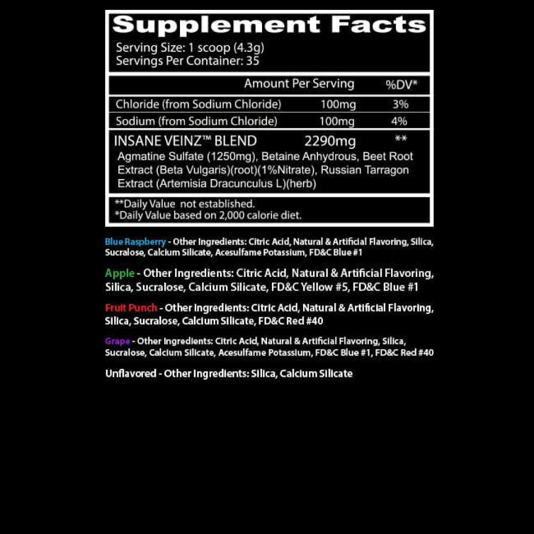 Insane Veinz Pump Pre Workout ingredient label 3