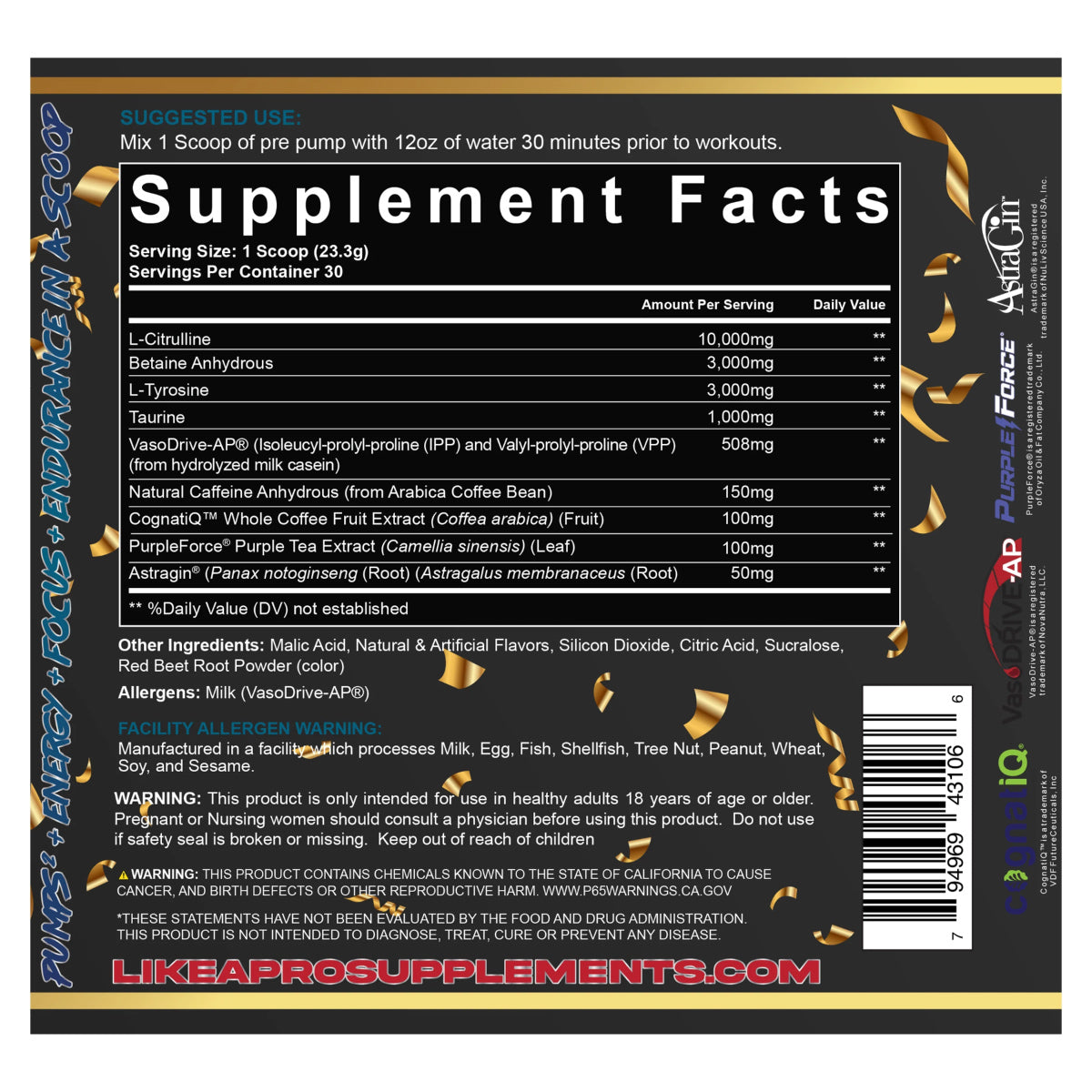 Pump + Focus Pre Workout ingredient label