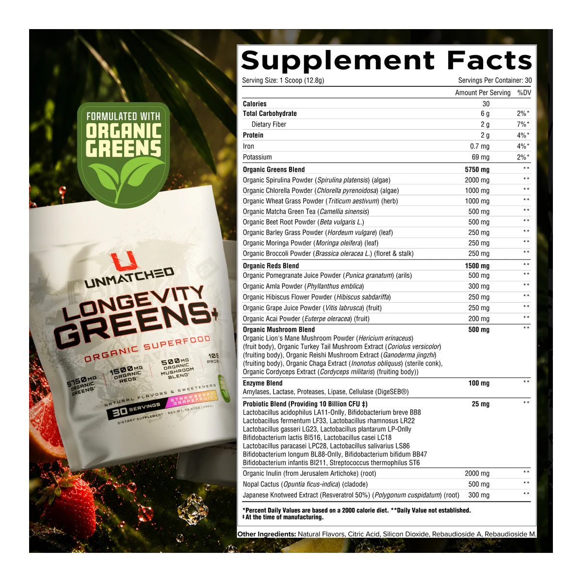 Unmatched Longevity Greens+ ingredient label