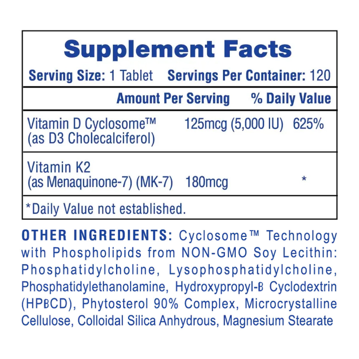 Mega Vitamin D3+K2 ingredient label