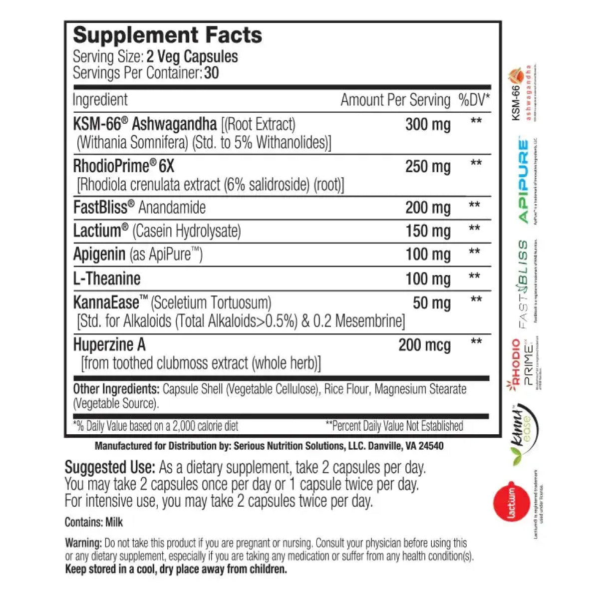 SNS Mood Support XT ingredient label