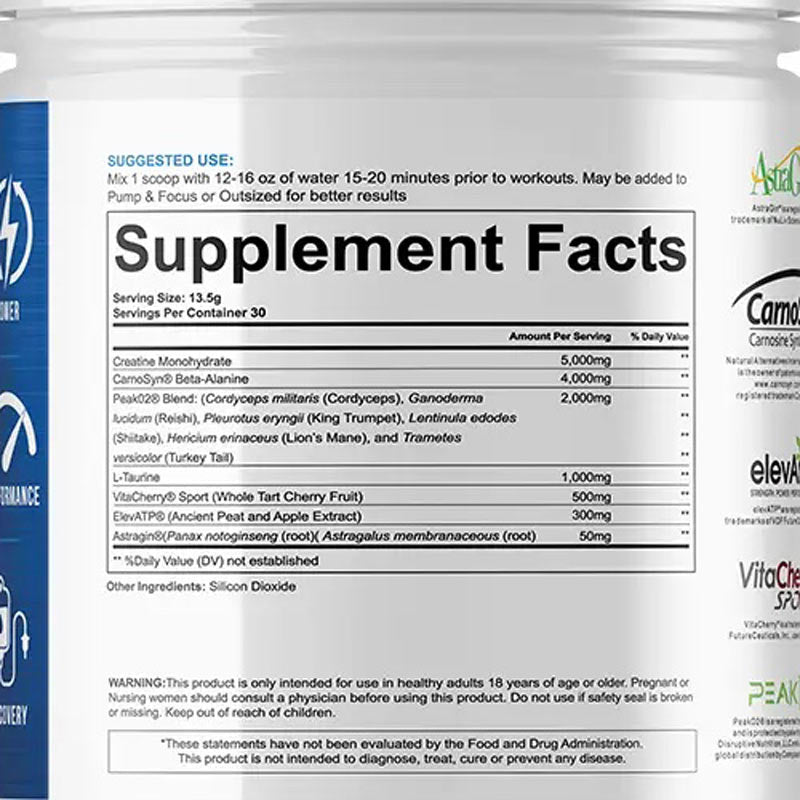 Peak and Power v2 ingredient label