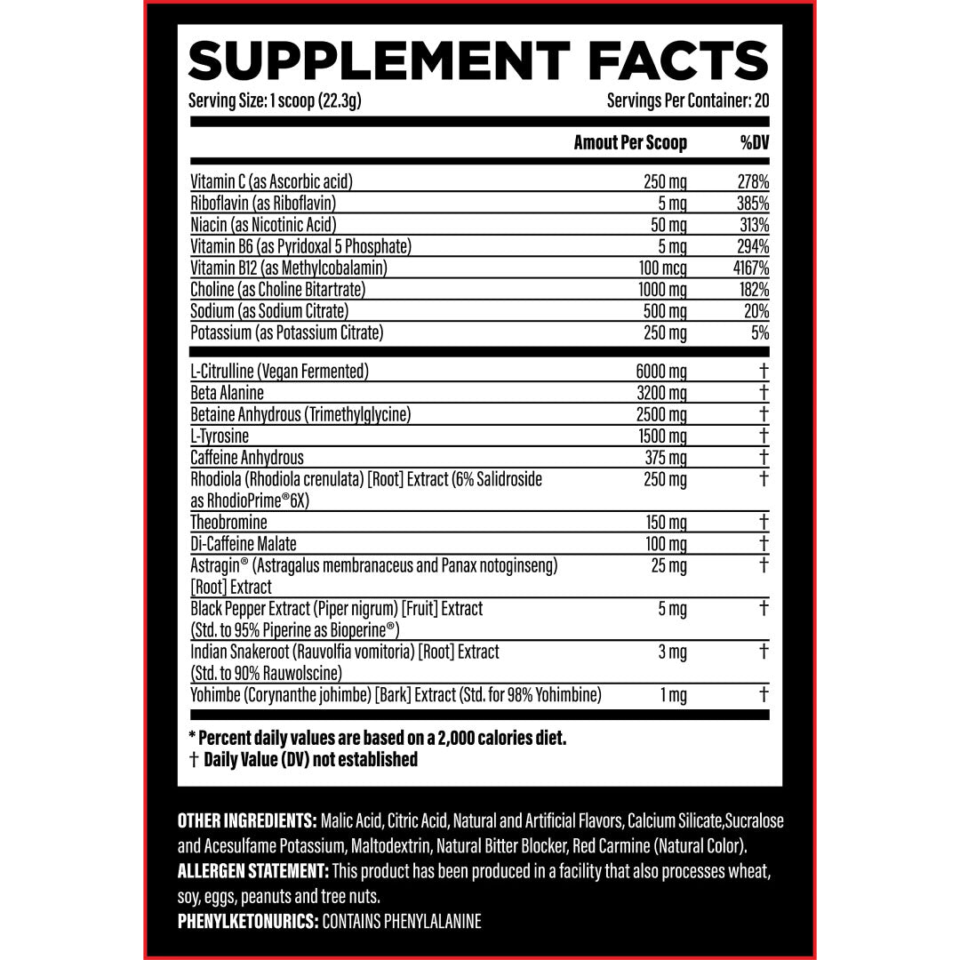 Pitbull Labs Draco Pre Workout ingredient label