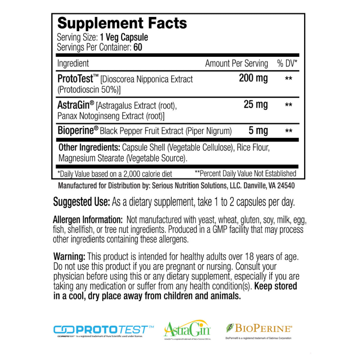 SNS PrototestXT ingredient label 2