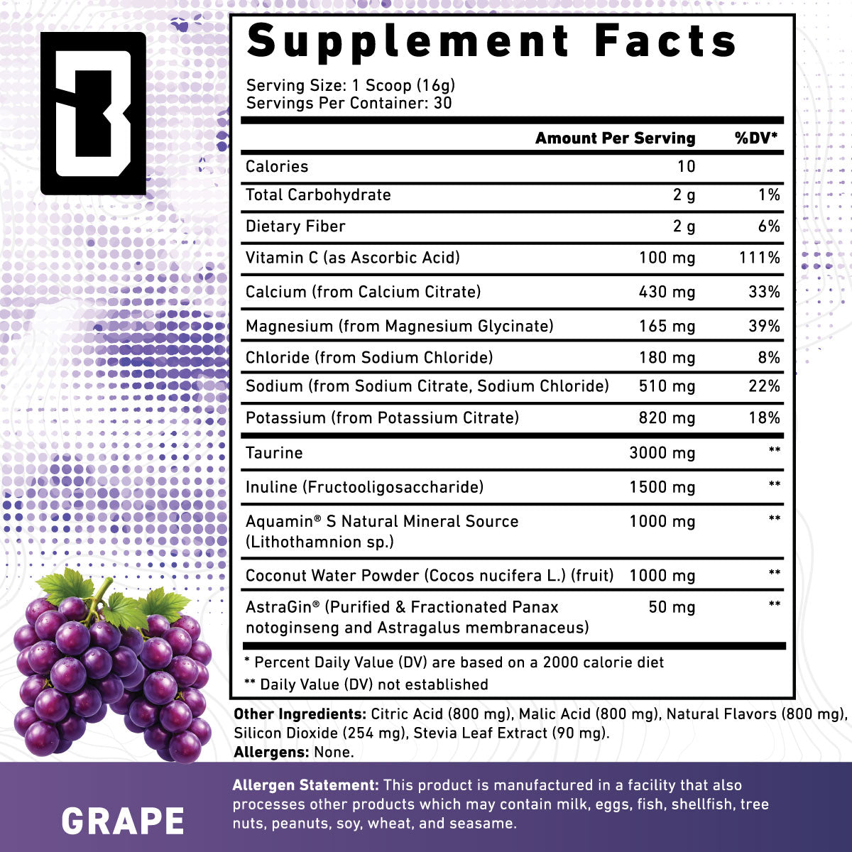 BLD Hydration ingredient label