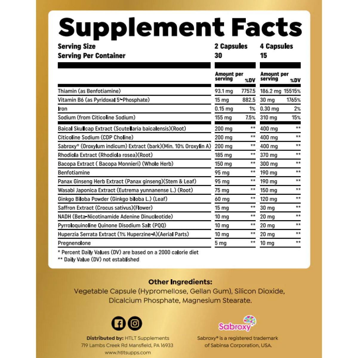 G Focus Limitless Nootropic ingredient label
