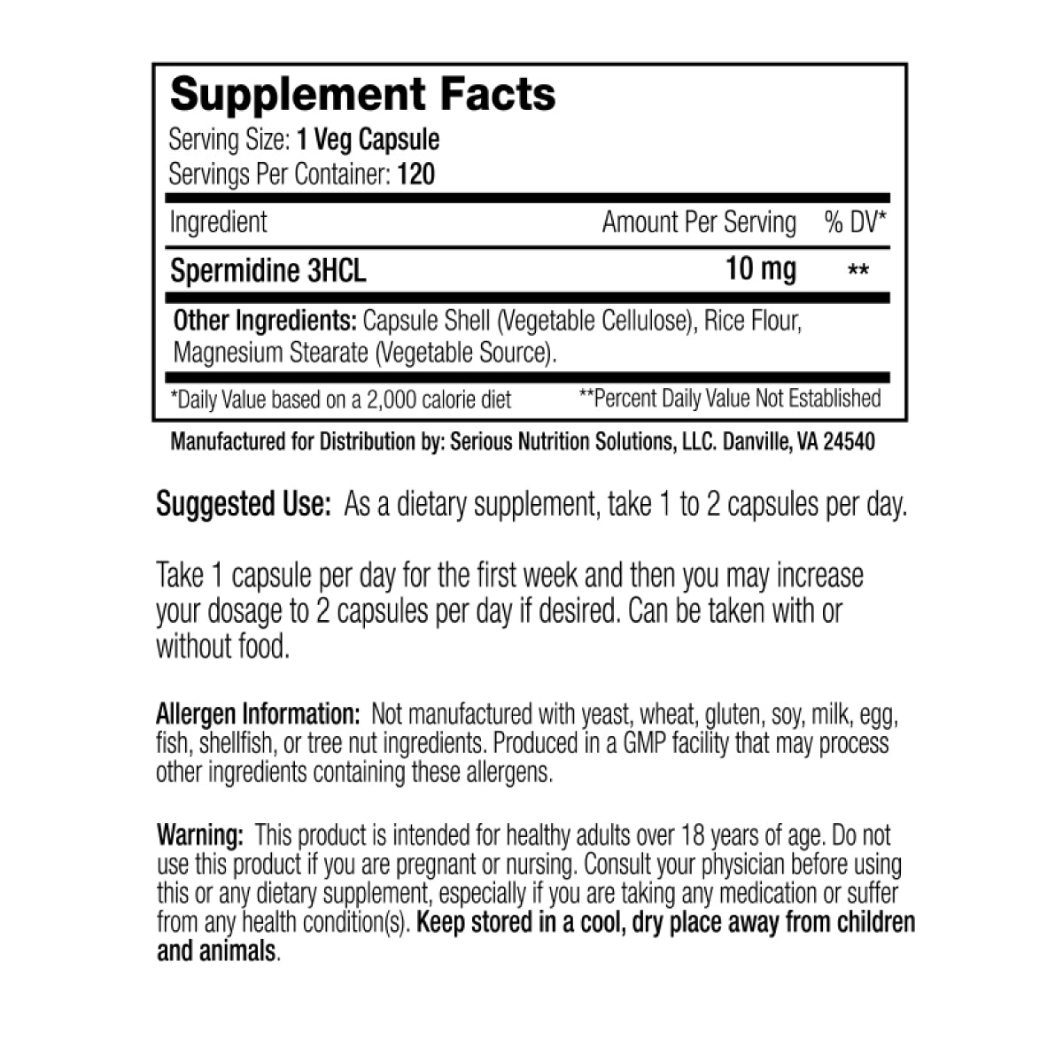 SNS Spermidine XT ingredient label