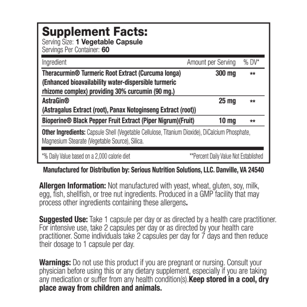 SNS Theracurmin XT ingredient label