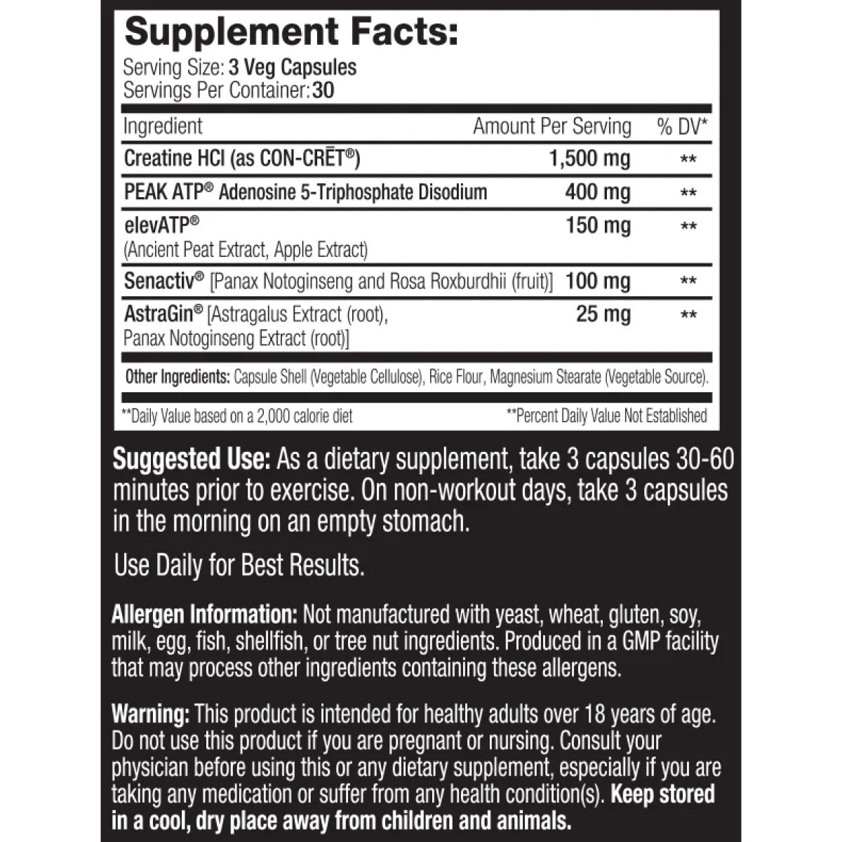 SNS ATP Elite ingredient label
