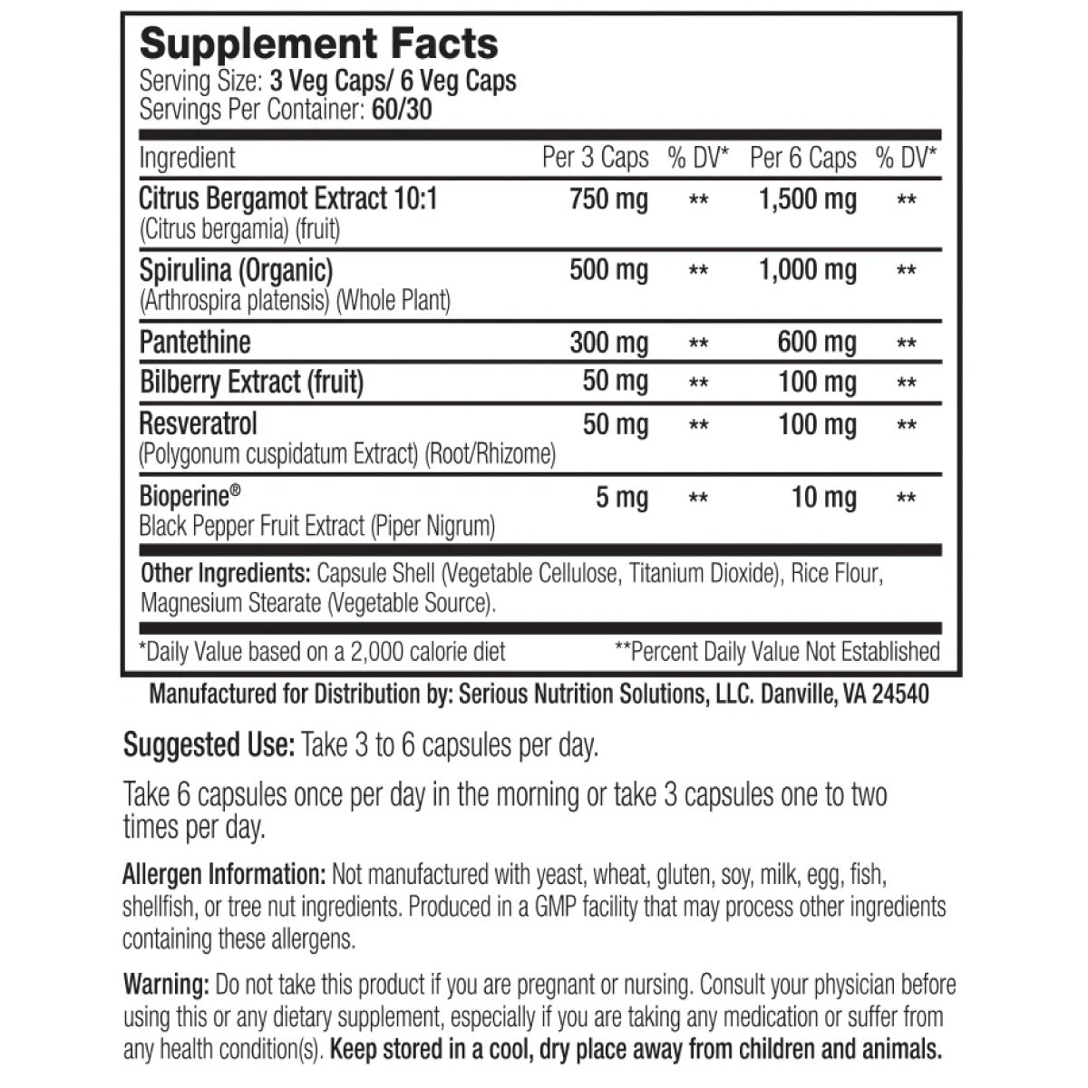 SNS Cholesterol Support XT ingredient label