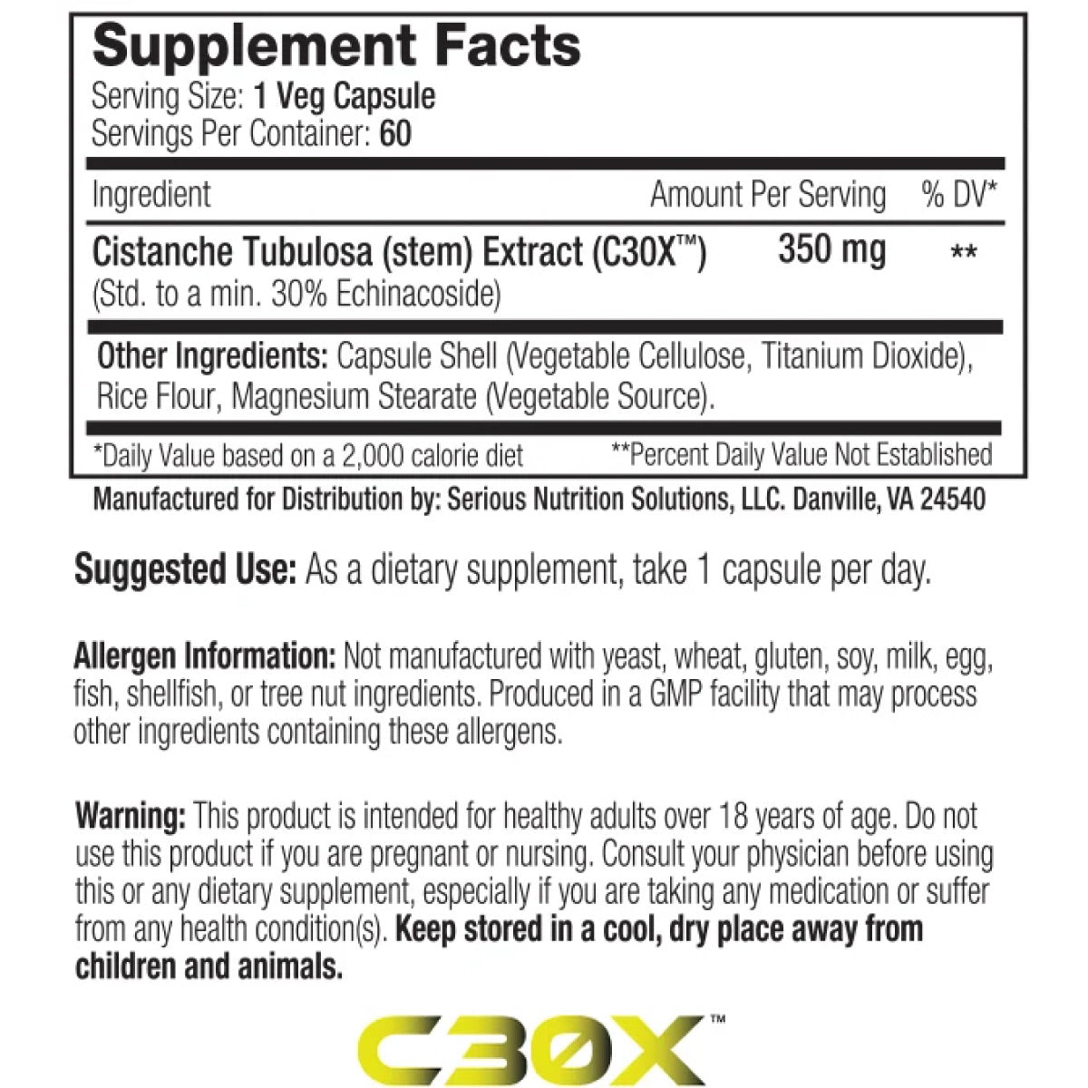 SNS Cistanche XT ingredient label