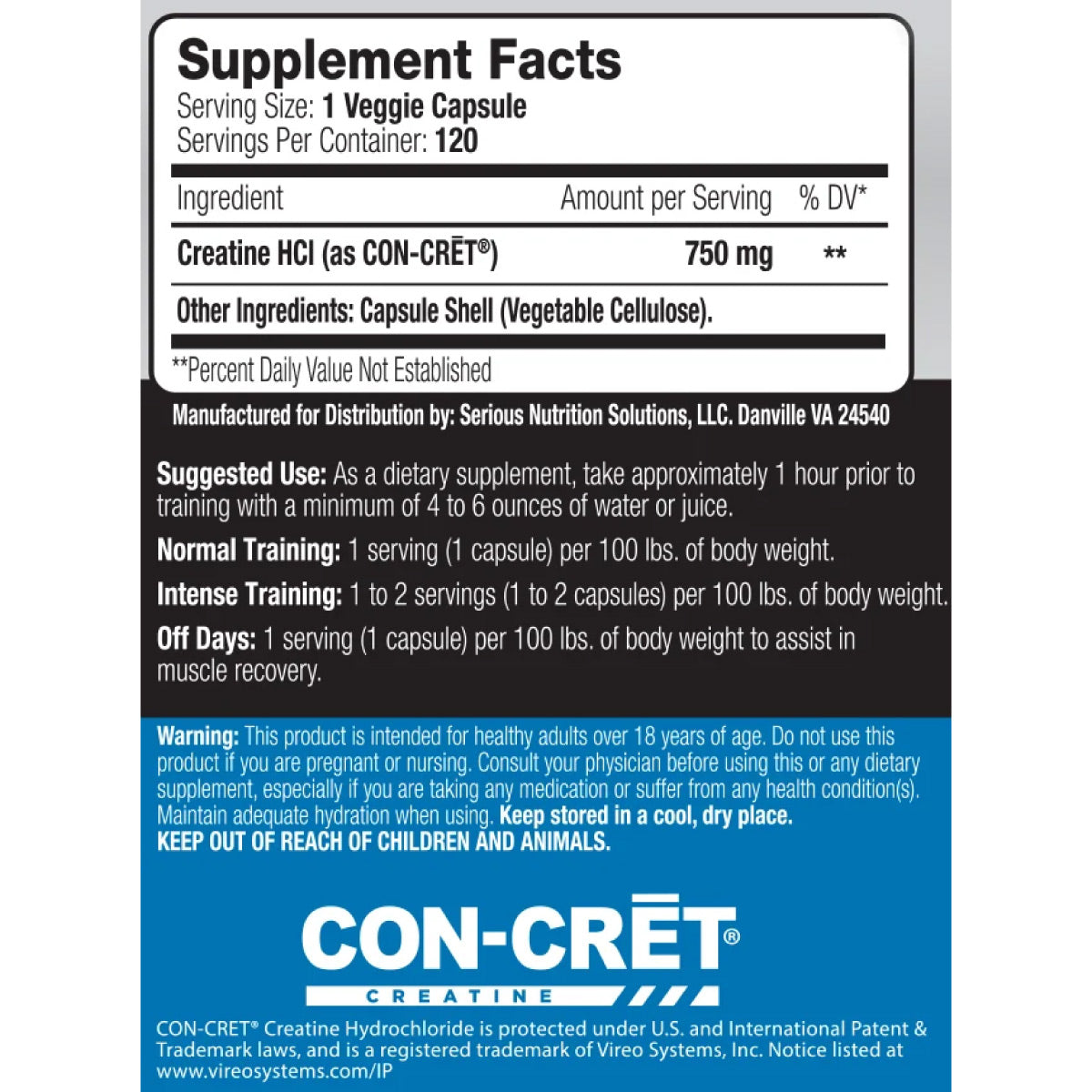 SNS Creatine HCl Capsules ingredient label