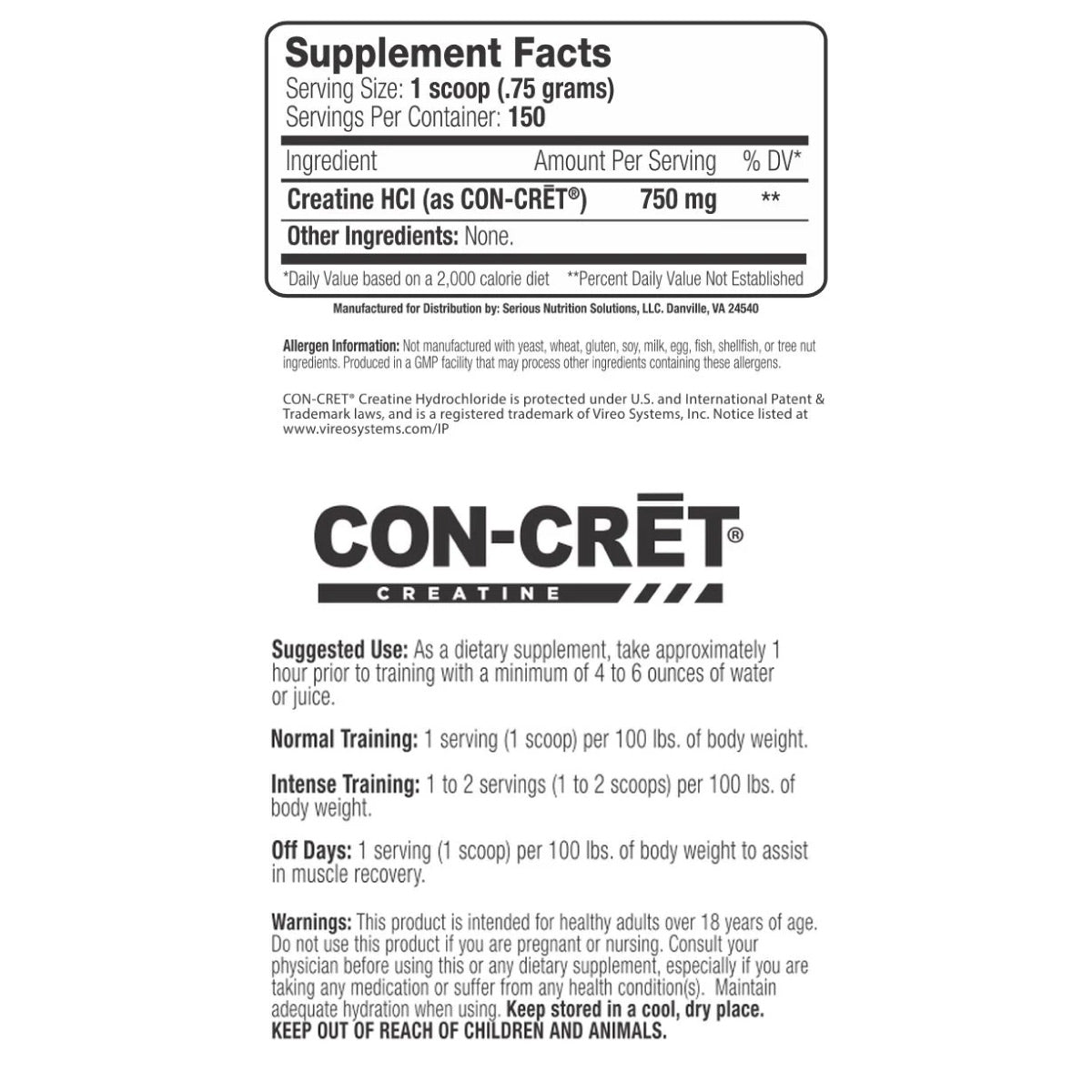 SNS Creatine HCl Capsules ingredient label 2