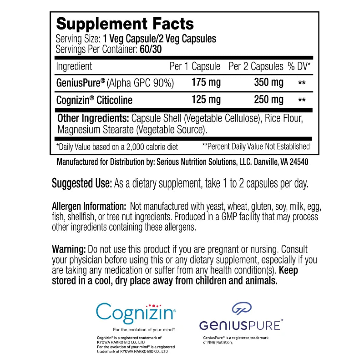 SNS Elite Choline ingredient label