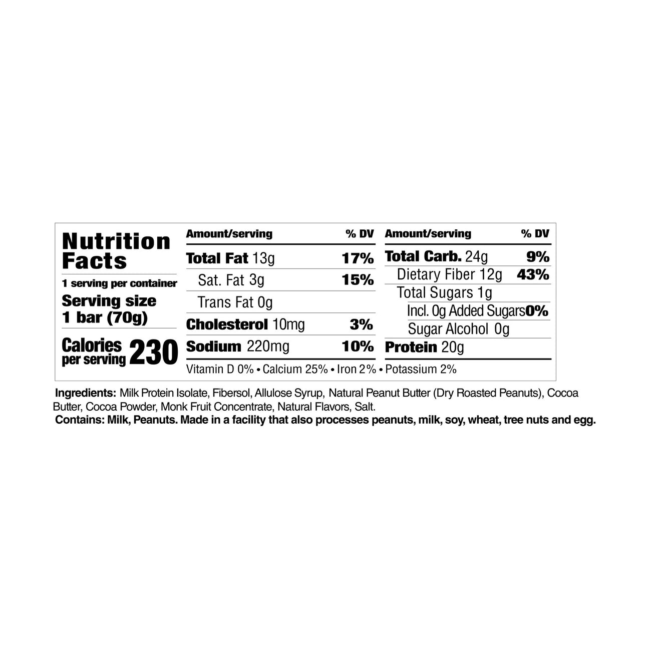 CleanForm Nulla Protein Bar ingredient label