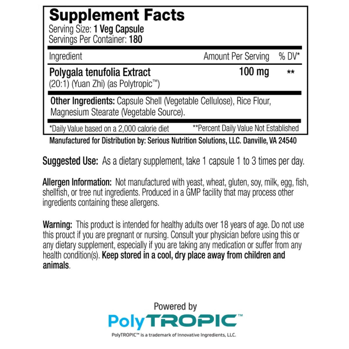 SNS Polygala XT ingredient label