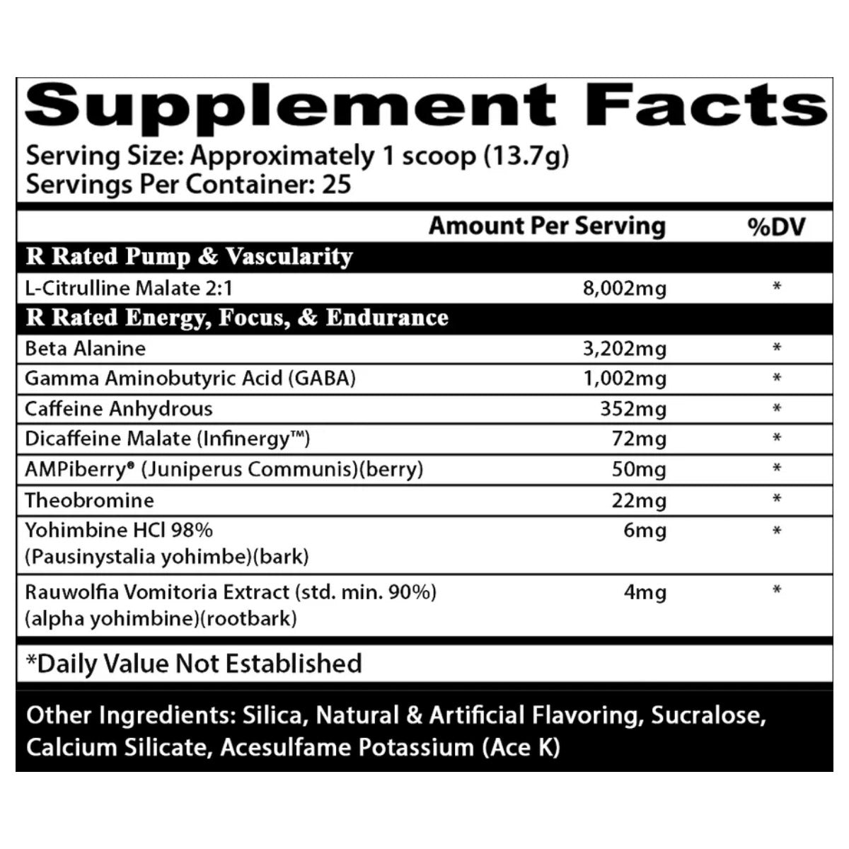 Psychotic Rated R Pre Workout ingredient label