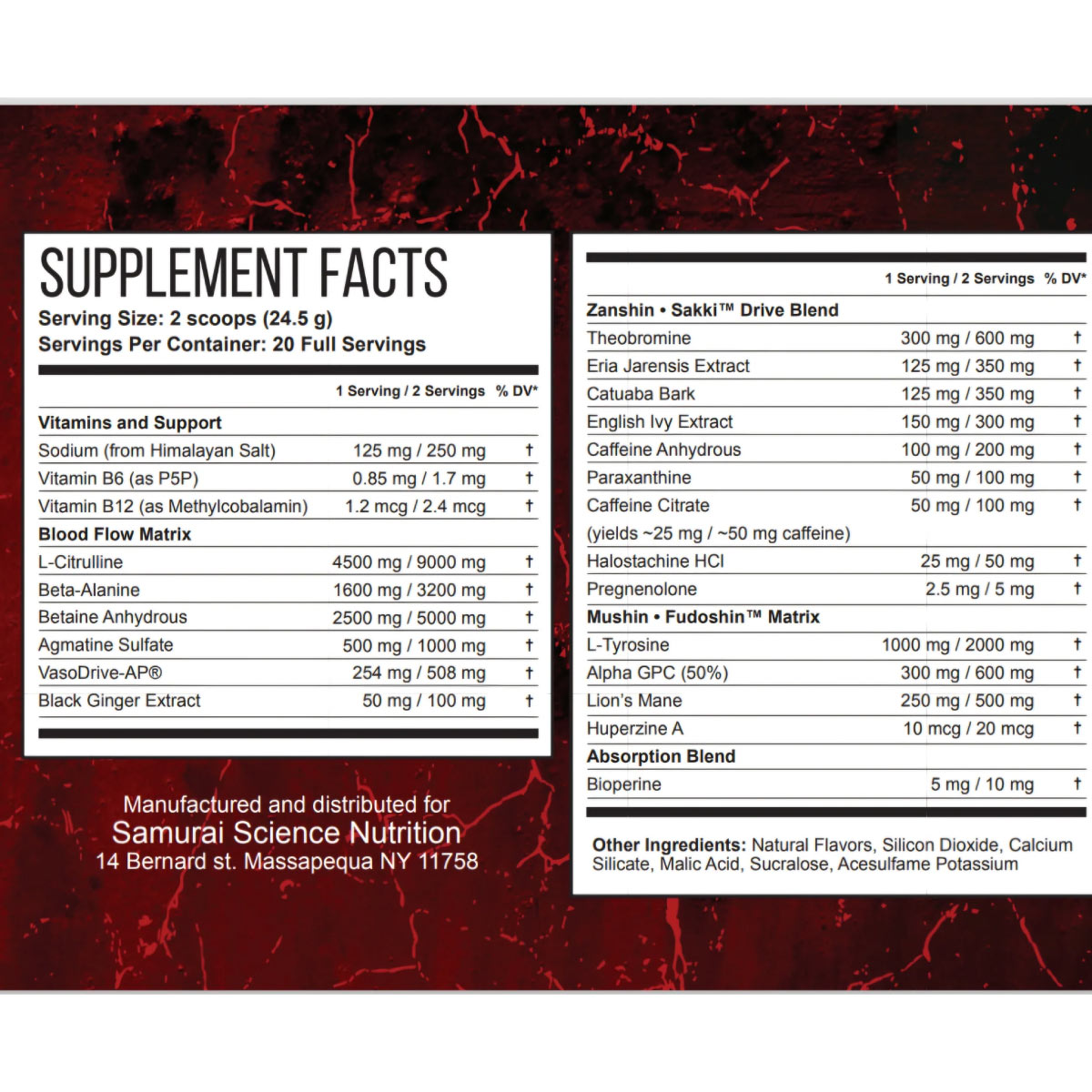 Samurai X Pre Workout ingredient label