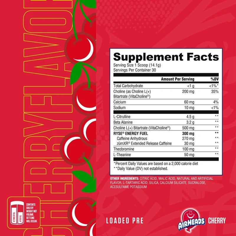 Ryse Airheads® Pre Workout ingredient label