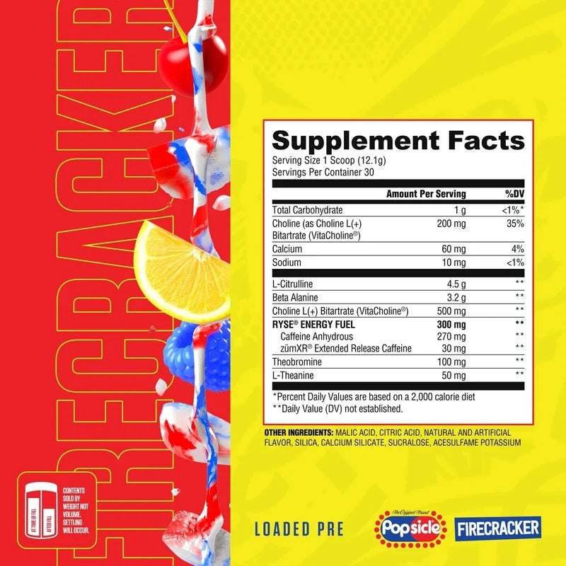 Ryse Popsicle® Pre Workout ingredient label