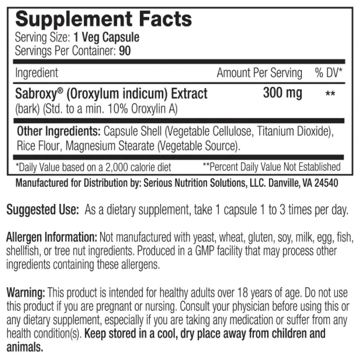 SNS Sabroxy XT ingredient label