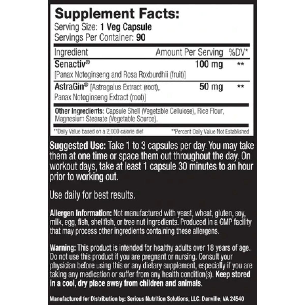 SNS Senactiv XT ingredient label 2