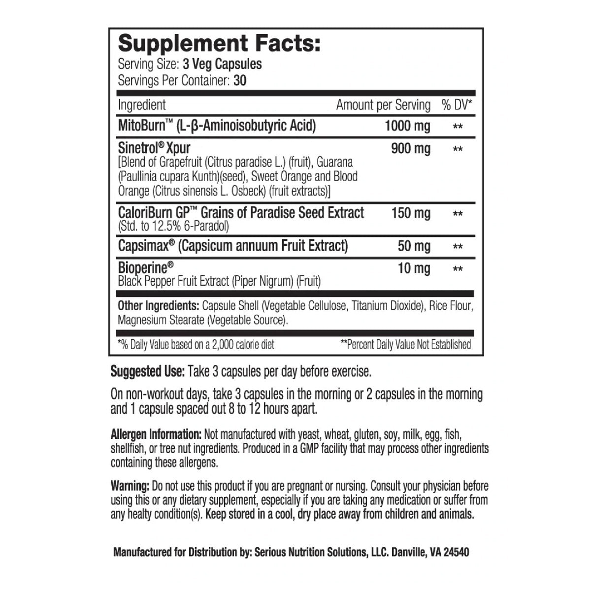 SNS Thermo Scorch ingredient label 2