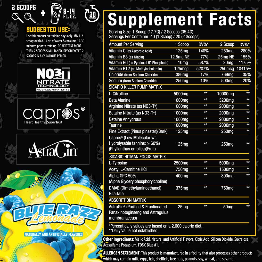 Sicario™ Non Stim Pre Workout ingredient label