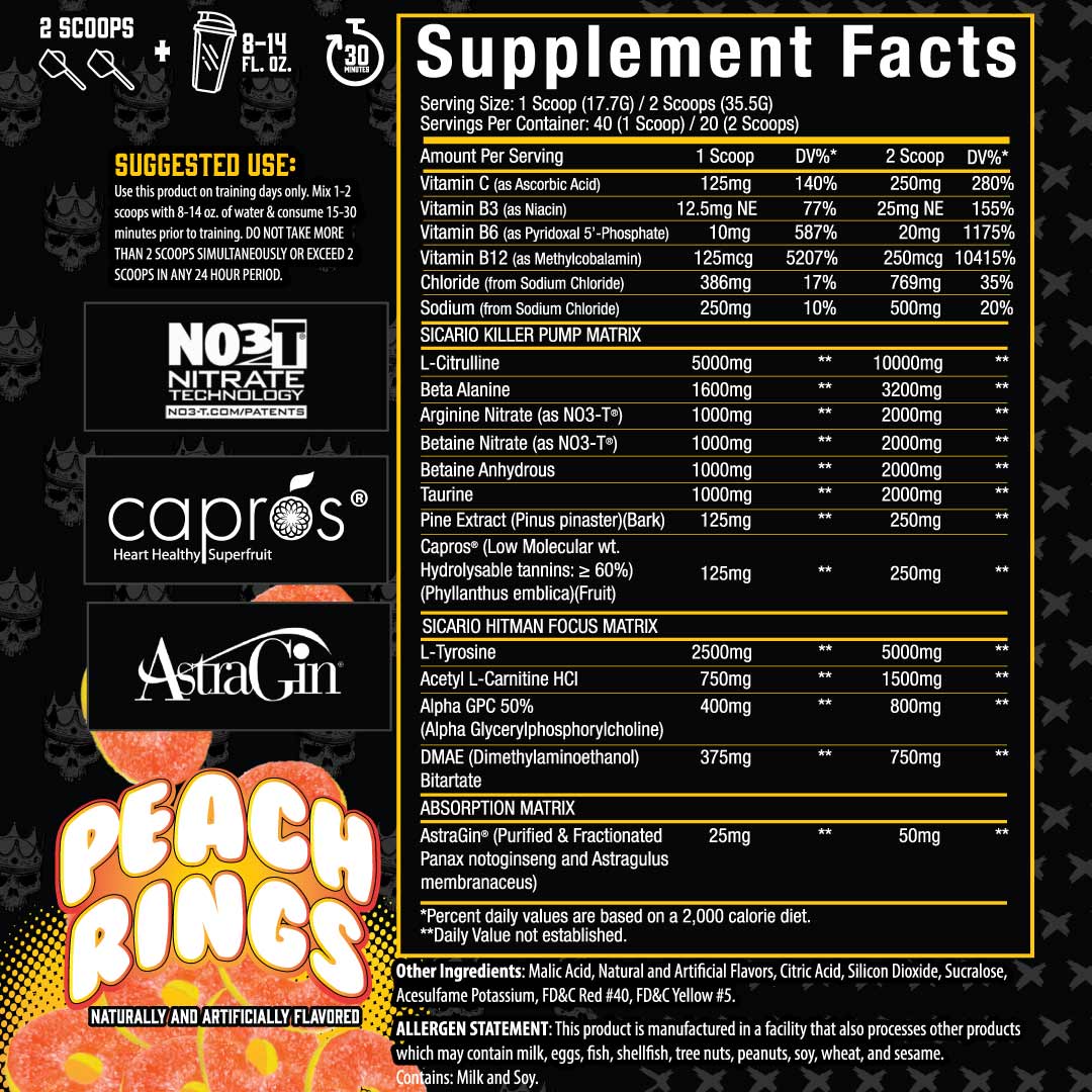 Sicario™ Non Stim Pre Workout ingredient label