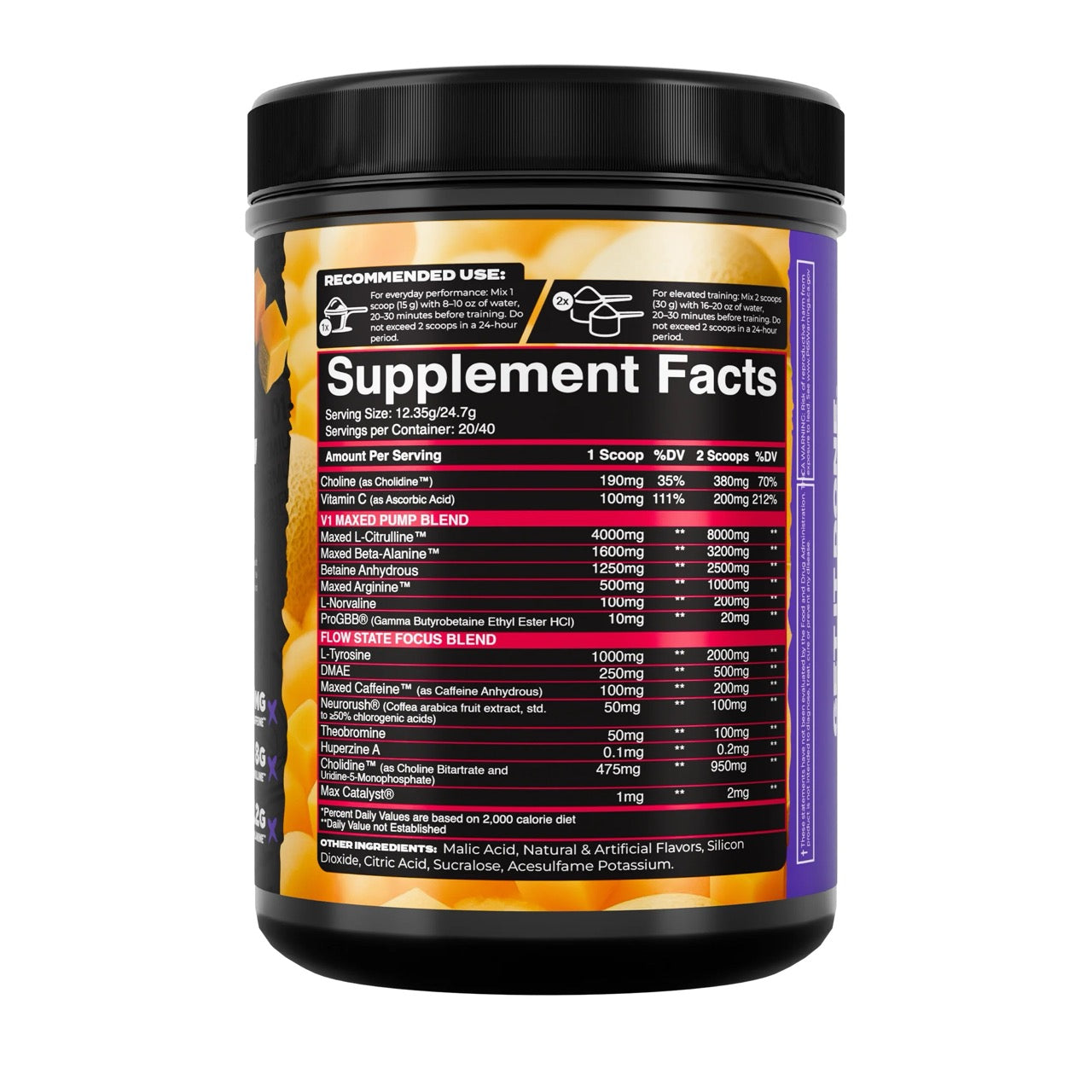 V1 Pre Workout ingredient label