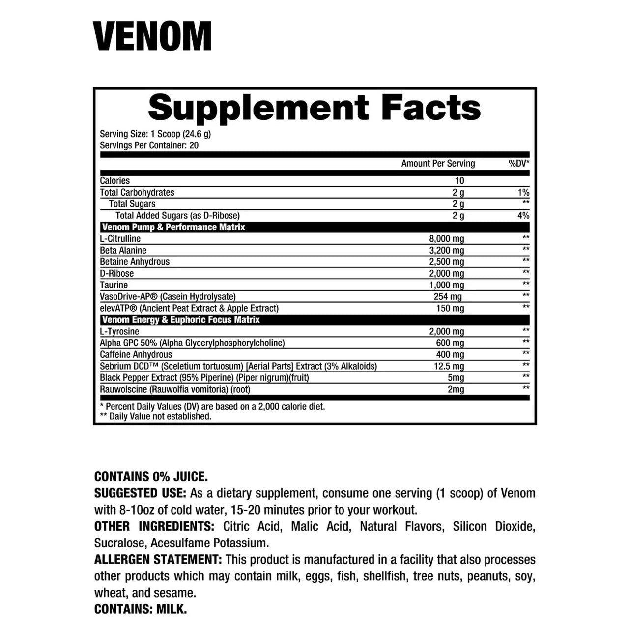 Dragon Pharma Venom Pre Workout ingredient label